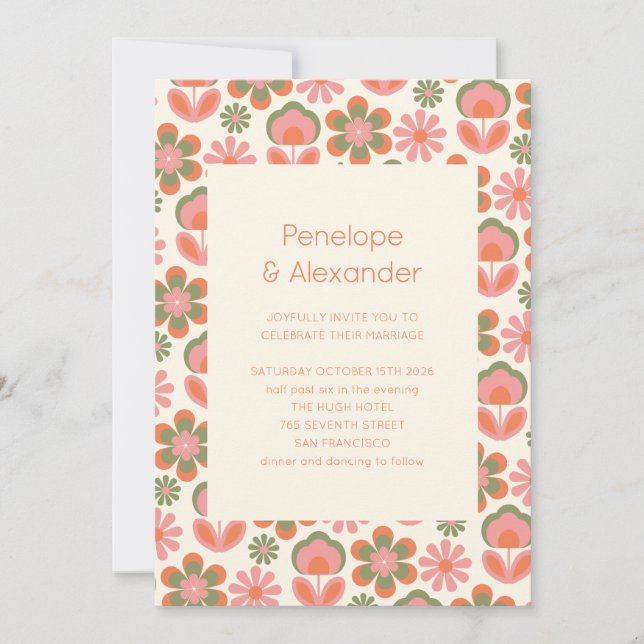 Retro Boho 70s Flowers Rosa Grönt Bröllop Inbjudningar (Framsida)