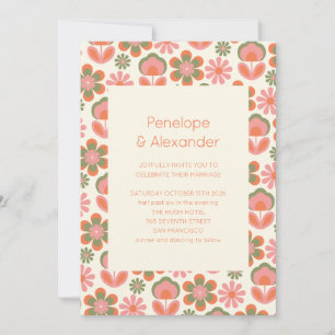 Retro Boho 70s Flowers Rosa Grönt Bröllop Inbjudningar