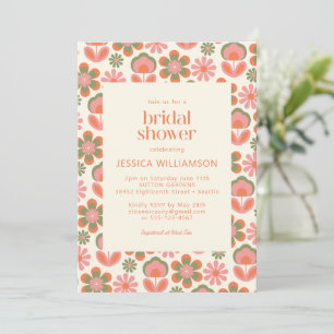 Retro Boho 70s Flowers Rosa Grönt Möhippa Inbjudningar