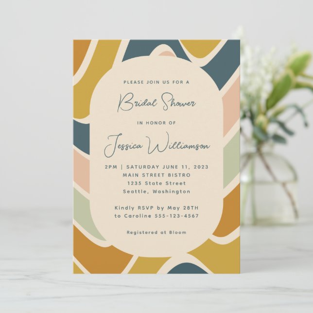 Retro Boho Abstrakt Vågigt Pastel Teal Möhippa Inbjudningar (Stående Fram)