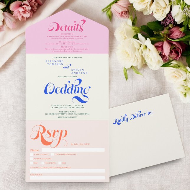 Retro boho blå, rosa, elegant manuschbröllop (Retro boho blue pink elegant script chic wedding all in one invitation)