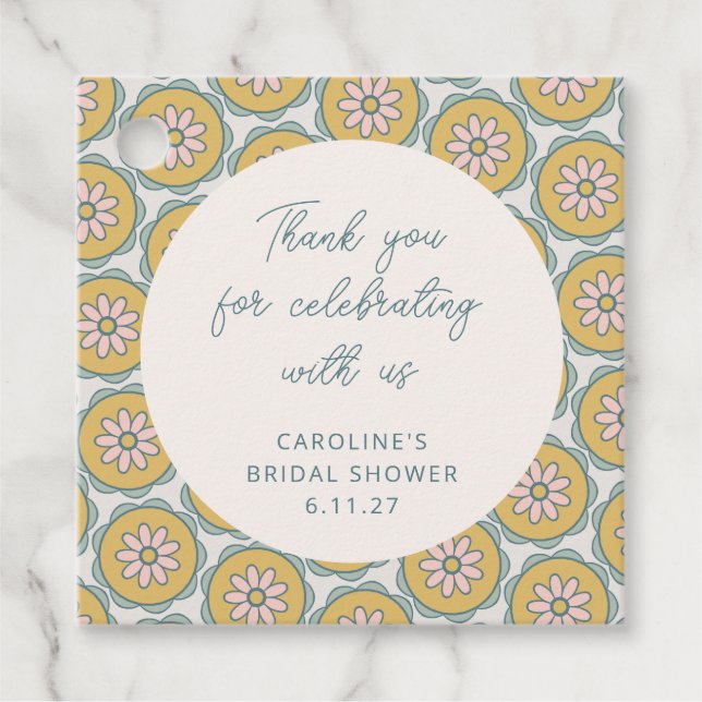 Retro Boho Blommig Gul Anpassad Dusch Tack Gåvor Etiketter (Framsida)