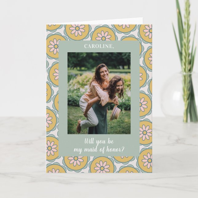 Retro Boho Blommig Pastell Brudtärna Foto Förslag Kort (Framsida)