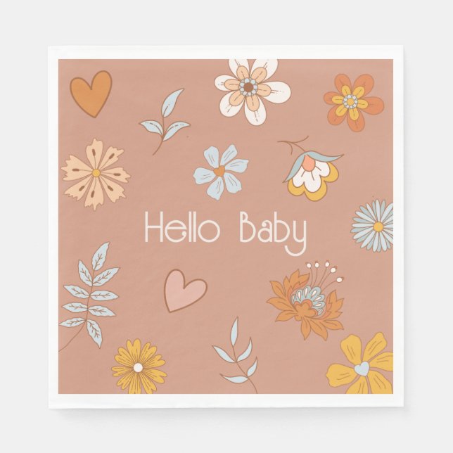 Retro Boho Blommigt Baby Shower Hej Baby Tableware Pappersservett (Framsidan)