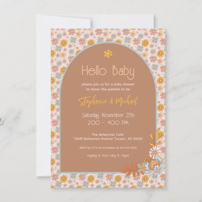 Retro Boho Blommigt Baby Shower-inbjudan Inbjudningar (Framsida)