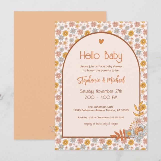 Retro Boho Blommigt Baby Shower-inbjudan Inbjudningar (Fram/baksida)