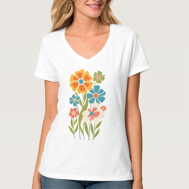 Retro Boho Blommigt Illustration T Shirt (Framsida)