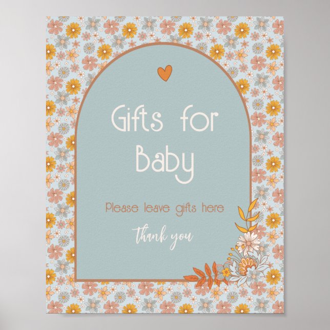 Retro Boho-Blommigtens babyskyltar Poster (Framsidan)