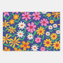 Retro boho blommor trädgård på marinblå