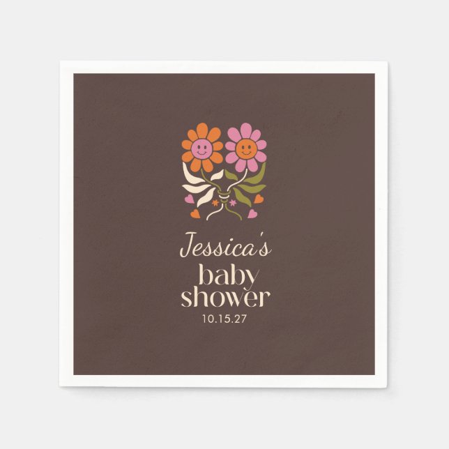 Retro Boho Brown Flower Groovy Baby Shower Anpassn Pappersservett (Framsidan)