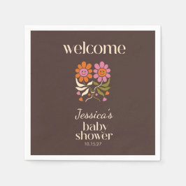 Retro Boho Brown Flower Groovy Baby Shower Anpassn Pappersservett