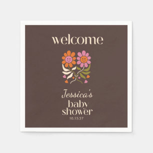 Retro Boho Brown Flower Groovy Baby Shower Anpassn Pappersservett