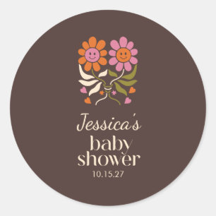 Retro Boho Brown Flower Groovy Baby Shower Anpassn Runt Klistermärke