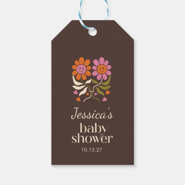 Retro Boho Brown Flower Twin Baby Shower Anpassnin Presentetikett (Framsidan)