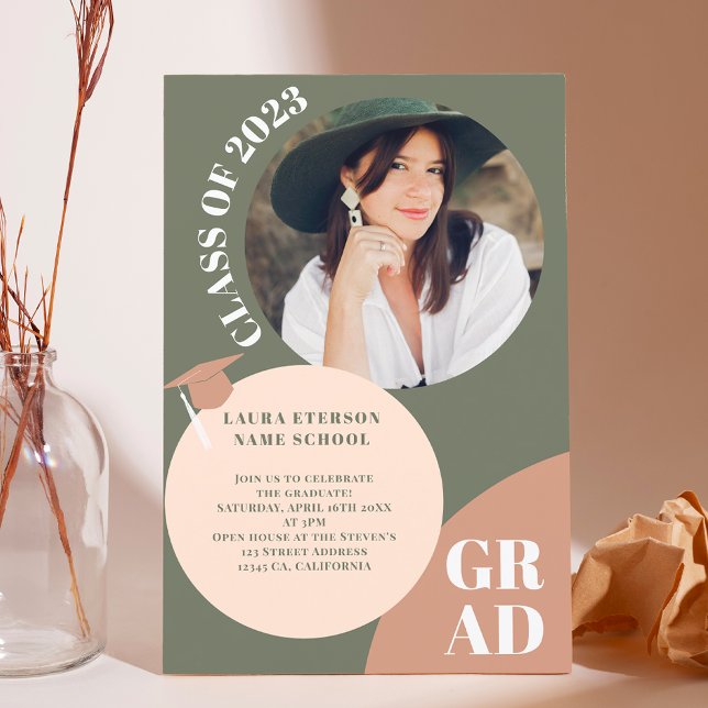 Retro boho cirkel grönt brun 5 foton studenten inbjudningar (Skapare uppladdad)