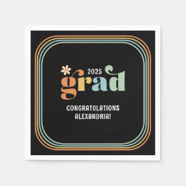 Retro Boho Daisy 2025 Grad Black Party Napkins Pappersservett