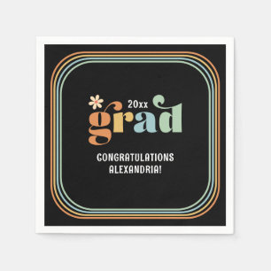 Retro Boho Daisy 2025 Grad Black Party Napkins Pappersservett