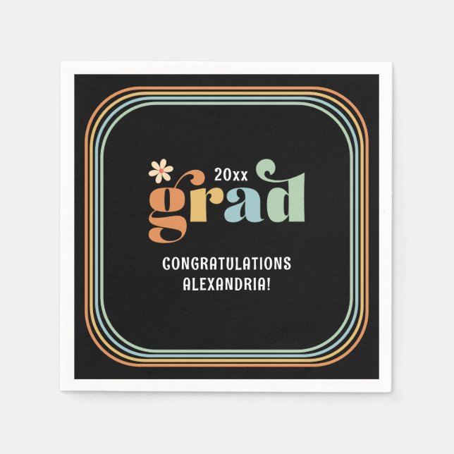 Retro Boho Daisy 2025 Grad Black Party Napkins Pappersservett (Framsidan)