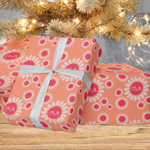 Retro Boho Daisy Blommigt Peach Bröllop Monogram Presentpapper