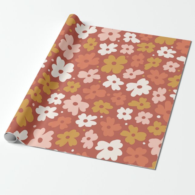 Retro Boho Ditsy Blommig Presentpapper (Utrullad)