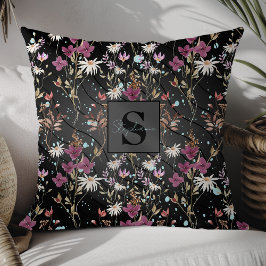 Retro Boho Elegant Wildblommor Monogram Kudde
