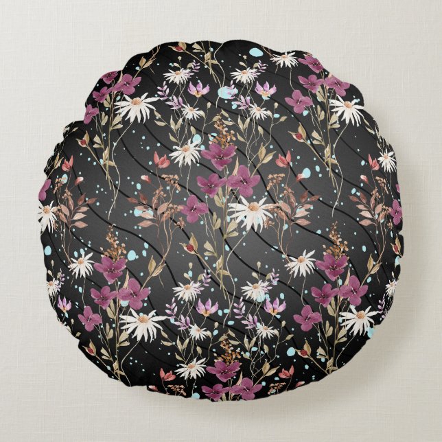 Retro Boho Elegant Wildblommor Rund Kudde (Framsidan)