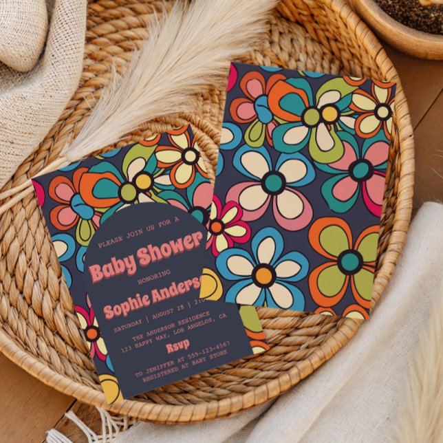 Retro Boho Färgglad 70-tals Blommig Bebis-fest Inbjudningar (Skapare uppladdad)