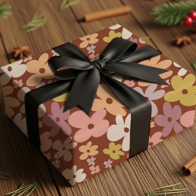 Retro Boho Flower Power Pattern Presentpapper (Skapare uppladdad)