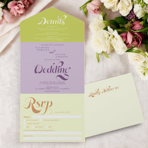 Retro boho grönt lila script chic bröllop