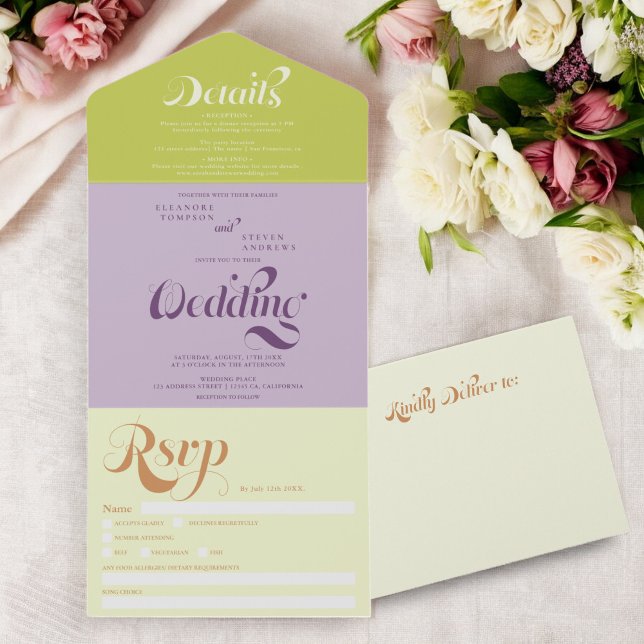 Retro boho grönt lila script chic bröllop (Retro boho green purple script chic wedding all in one invitation)