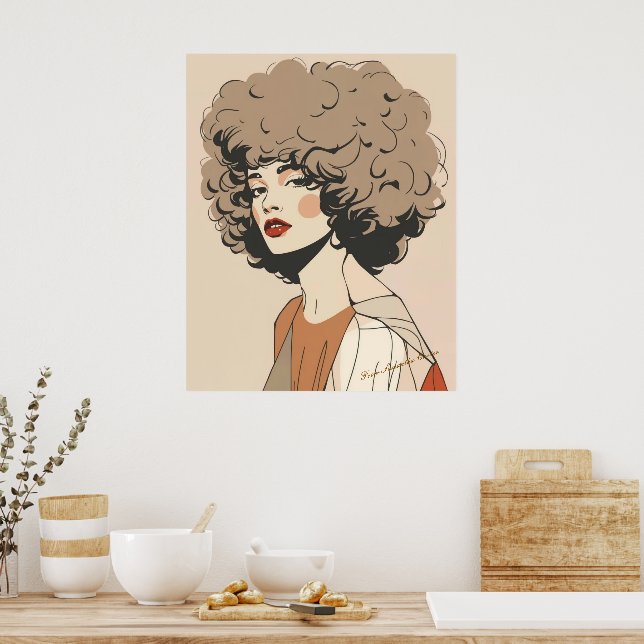 Retro Boho Kvinna Illustration Minimalistisk Väggk Poster (Kök)