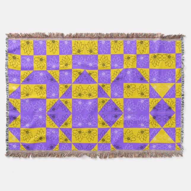 Retro Boho Lila & Gul Tusensköns Schackbräde Filt (Framsidan)