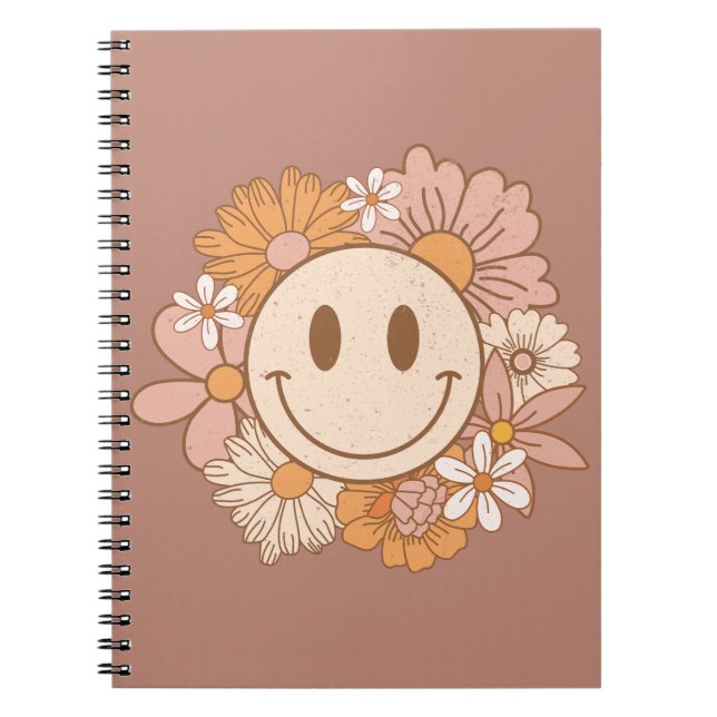 Retro Boho Lycklig Ansikte,  Blommigten Cute Anteckningsbok (Framsidan)