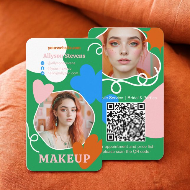 Retro boho Makeup skönhet formar fotoqr-kod Visitkort (Retro boho Makeup beauty shapes photo qr code Business Card green)