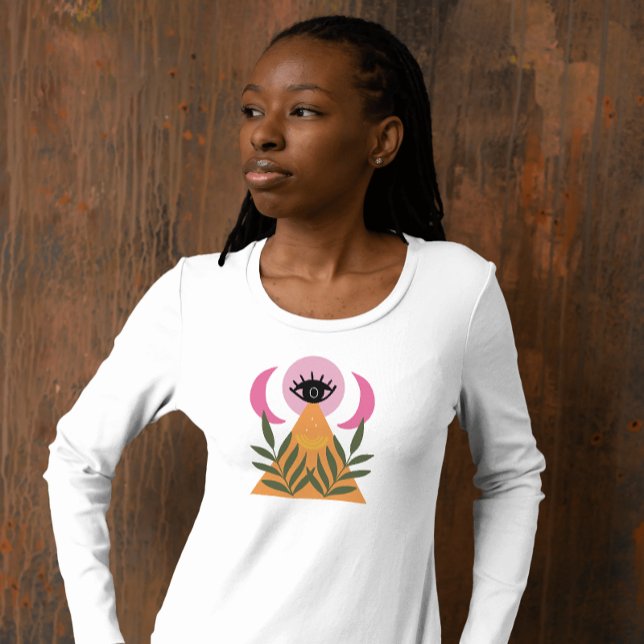 Retro boho-måne öga modern rosa gul T-Shirt (Skapare uppladdad)