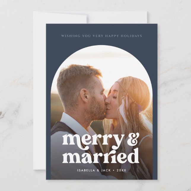 Retro Boho Merry Married Navy Photo Julkort (Framsida)
