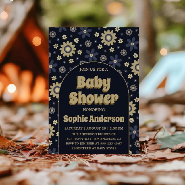 Retro Boho Navy Floral Arch Baby Shower Inbjudningar (Skapare uppladdad)