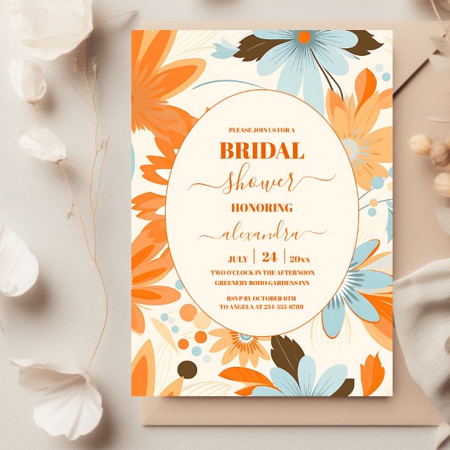 Retro Boho Orange Blue Blommigt Groovy Bröllop Inbjudningar (Skapare uppladdad)