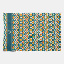 Retro Boho Orange Blue Sol Mönster Monogram Kökshandduk