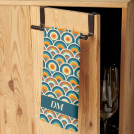 Retro Boho Orange Blue Sol Mönster Monogram Kökshandduk