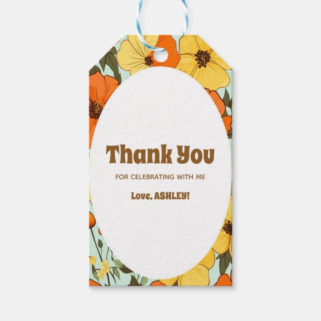 Retro Boho Orange Gult Blommigt  Cute Birthday Presentetikett (Framsidan)