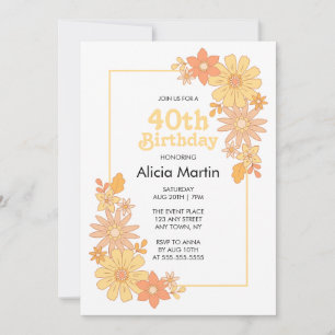 Retro Boho Orange Peach Flora Groovy 40:e födelsed Inbjudningar
