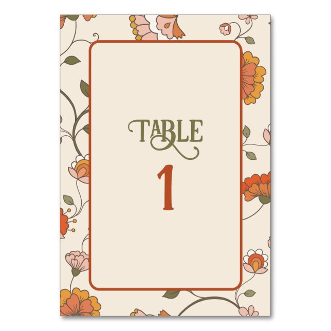 Retro Boho Red Gult Blommönster Bord-kort Bordsnummer (Framsidan)