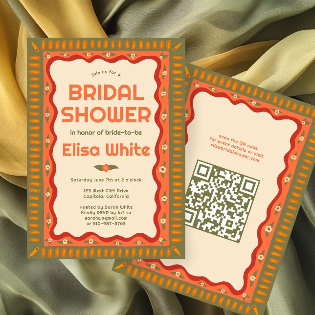Retro Boho Roligt Handmade ANPASSNINGSBAR QR-Möhip Inbjudningar (Retro Boho Fun Handmade CUSTOM QR Bridal Shower Invitation
)