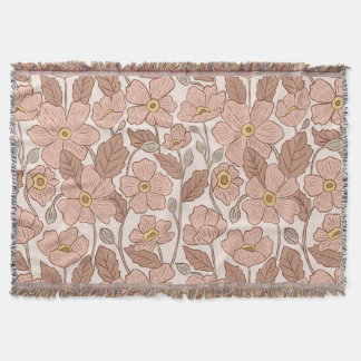 Retro Boho Rosa Botaniskt Illustrerat Blommigt Filt