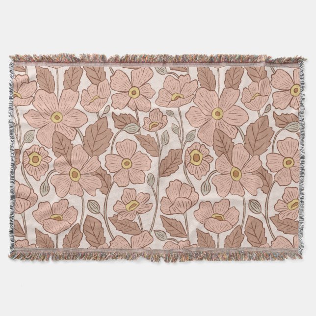Retro Boho Rosa Botaniskt Illustrerat Blommigt  Filt (Framsidan)