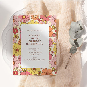 Retro Boho Rosa Gult Blommig 100-års Födelsedagsfe Inbjudningar