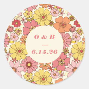 Retro Boho Rosa Gult Blommig Bröllopsmonogram Runt Klistermärke