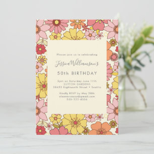 Retro Boho Rosa Gult Blommig Groovy 50-årsfirande Inbjudningar