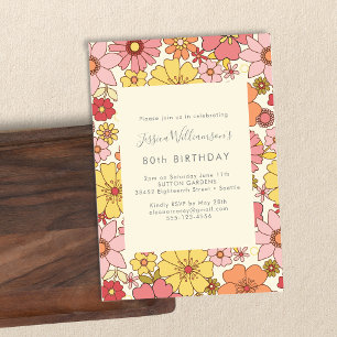 Retro Boho Rosa Gult Blommig Groovy 80-årsfirande Inbjudningar